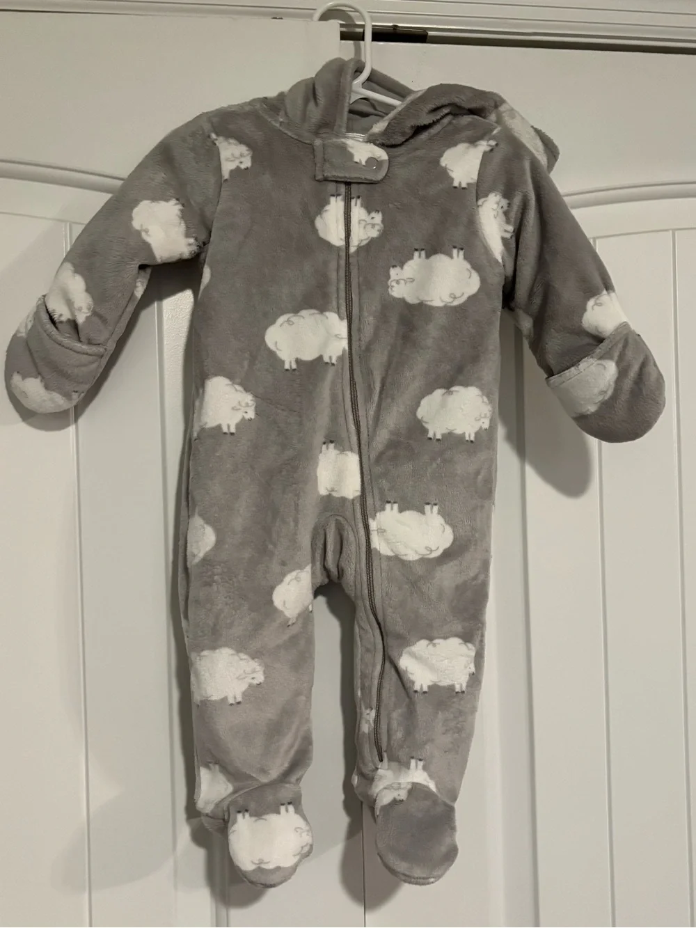 Cozy Grey Sheep Print One-Piece Footed Bunting